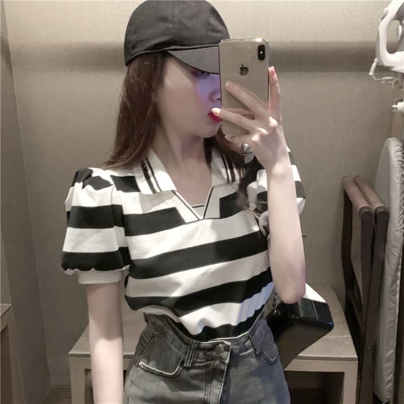Woman Tshirts Puff Sleeve Top Women's Summer Loose Black and White Striped Short-Sleeved T-shirt Tops Mujer Camisetas