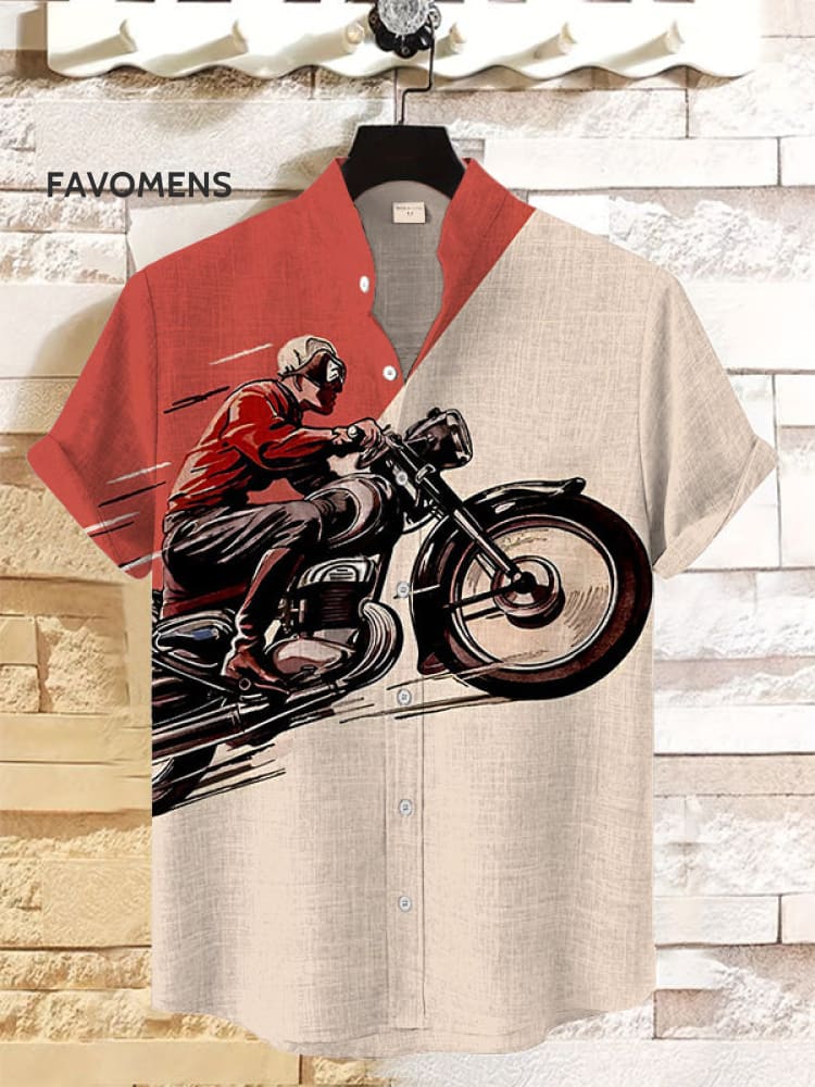 Men’s Vintage Motorcycle Rider Contrast Color Print Short Sleeve Shirt Red / S