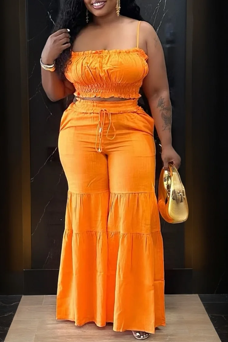 Plus Size Vacation Orange Casual Smocking Two Piece Pant Sets [Pre-Order] 2024 - Xpluswear