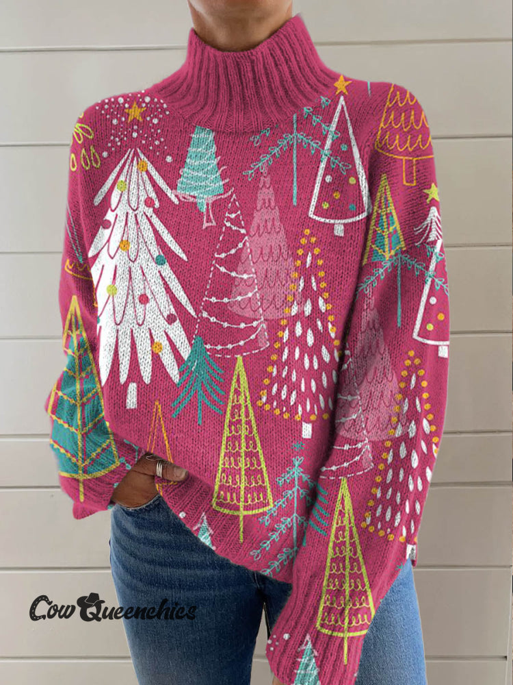 Pink Christmas Tree Printed Knit Turtleneck Pullover Sweater Multicolor / S