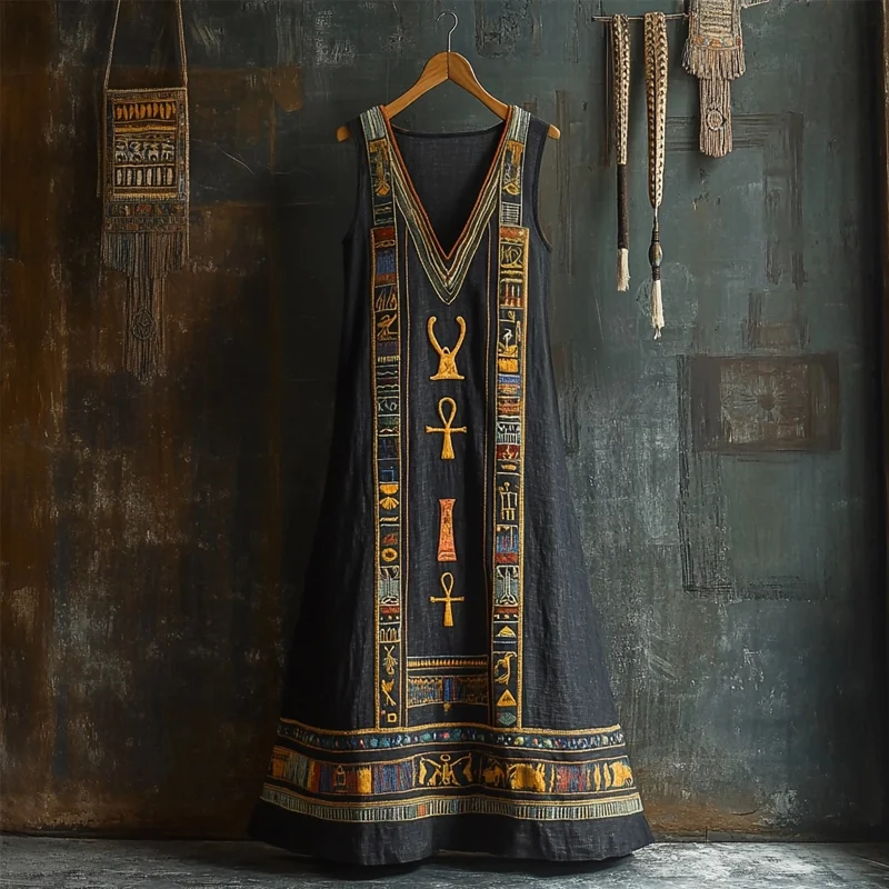 Ancient Egyptian Ankh Embroidered V Neck Linen Maxi Dress