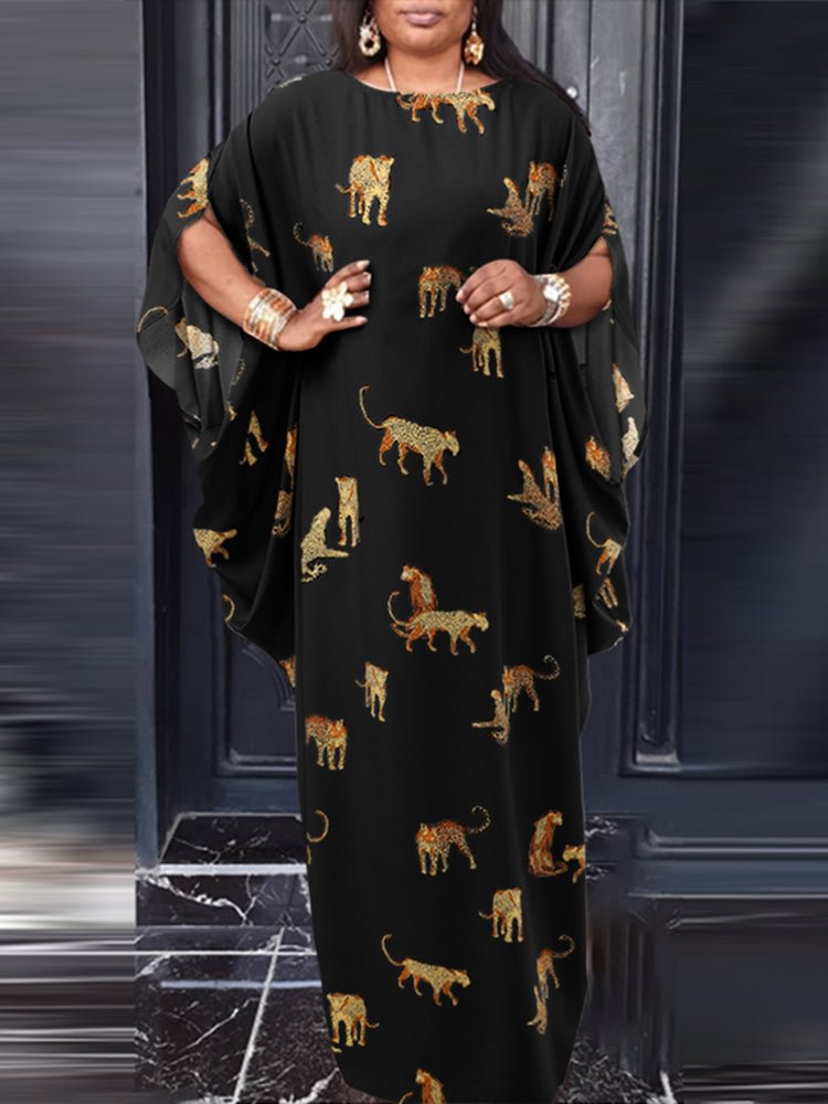 Leopard Print Crew Neck Bat Sleeve Women Maxi Dresses SKUJ13121 QueenFunky
