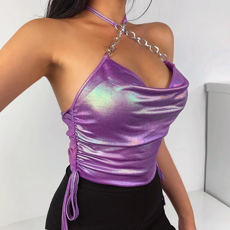 Brownm New Women's Sexy Club PU Leather Purple Tube Tops Camisole Solid Sleeveless Crop Tank Tops
