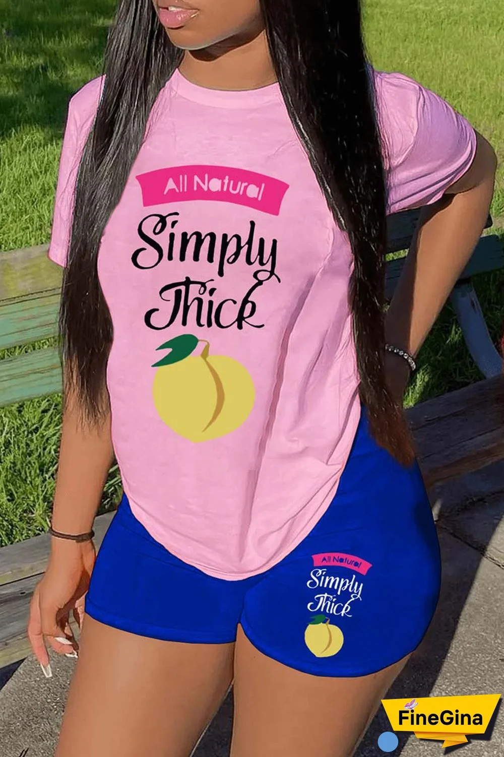 Blue Red Casual Print Basic O Neck Short Sleeve Two Pieces