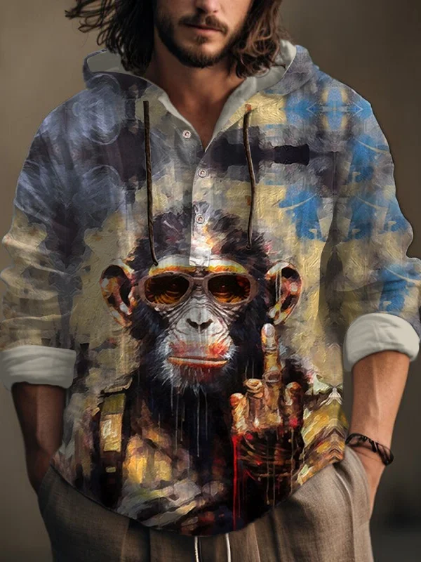 Men's Cool Monkey Soldier Hand Gesture Oil Painting Print Hooded Shirt