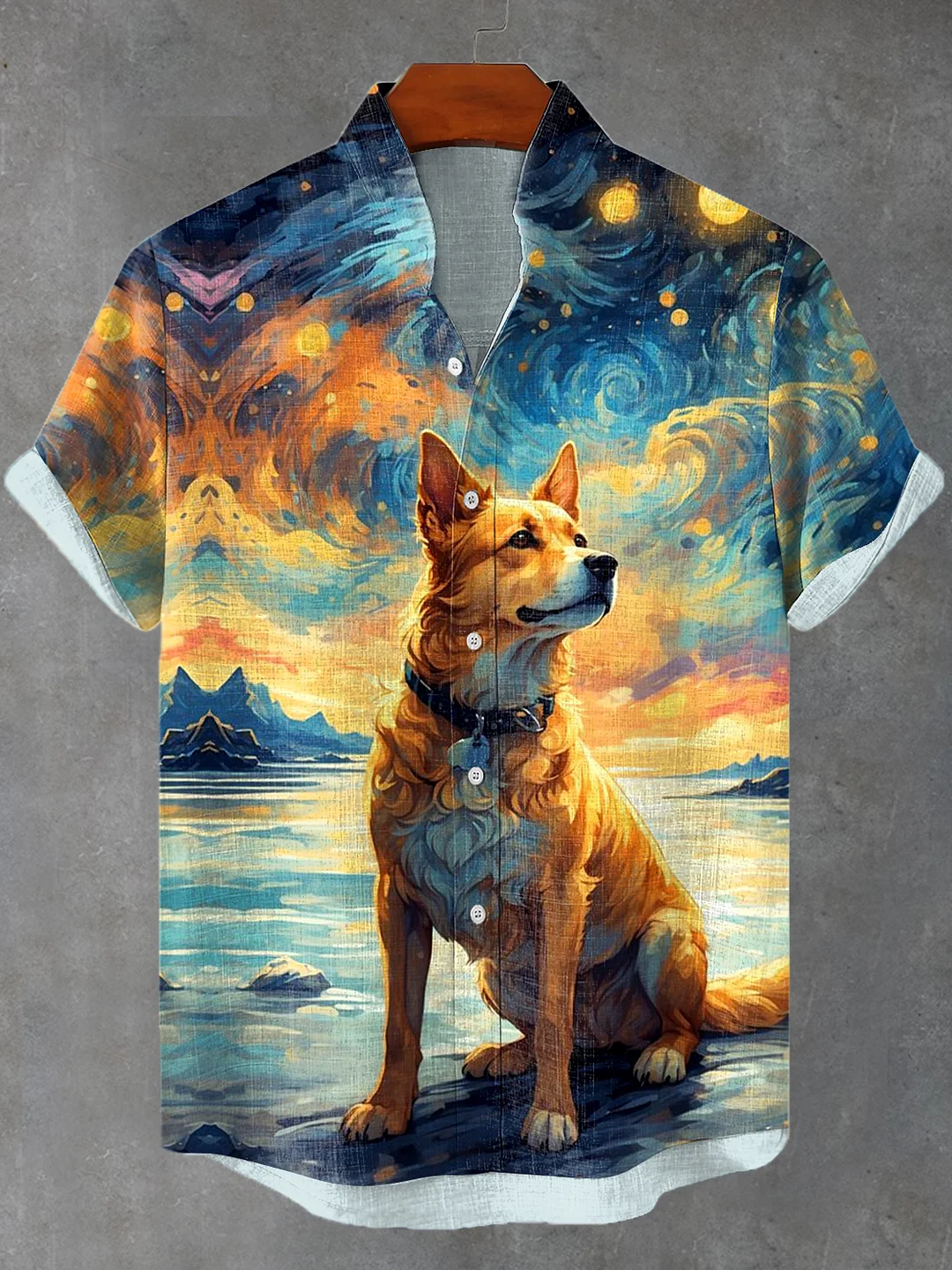 Men's The Dog Under The Starry Sky Print Linen Blend Shirt
