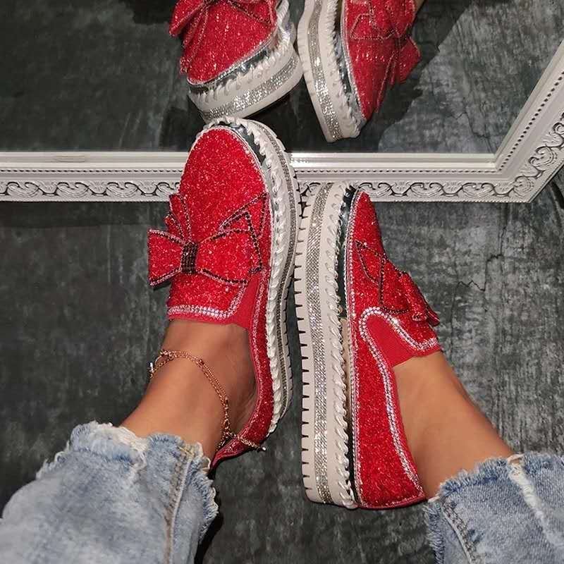 Aphixta Bling Butterfly-knot Flats Women Leather Loafers Wine Red Shoes Crystal Sequined Bow-knot 3cm Platform Casual Moccasins