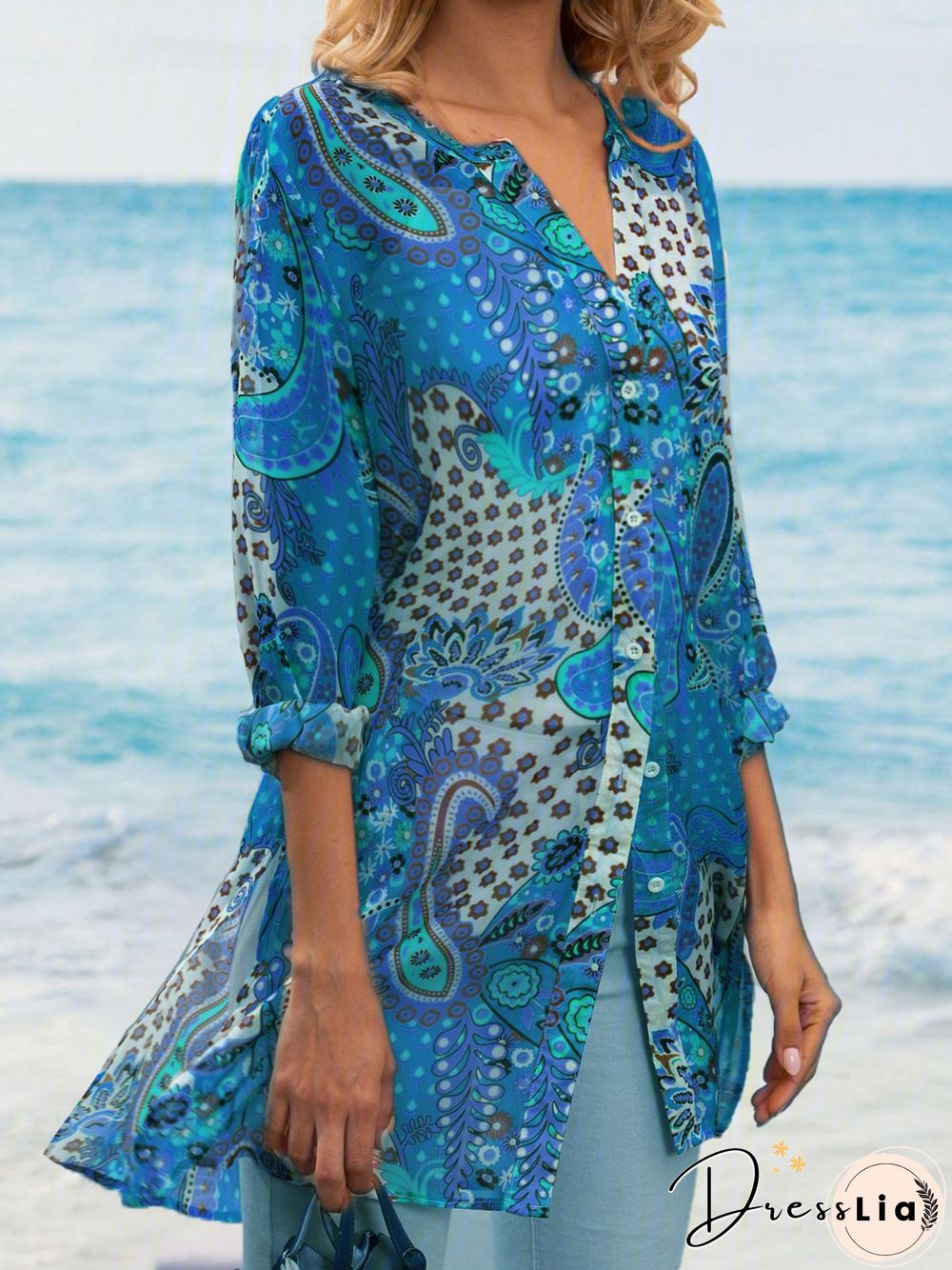 Geometric V Neck Long Sleeve Blouse & Shirts