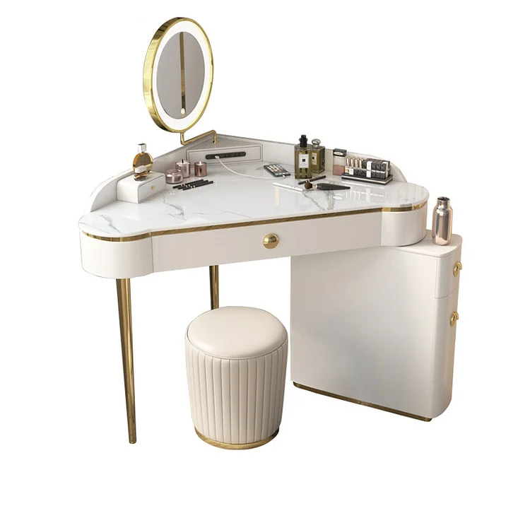 Homemys Corner Modern Makeup Vanity Set Dresser Table with Mirror & Stool White