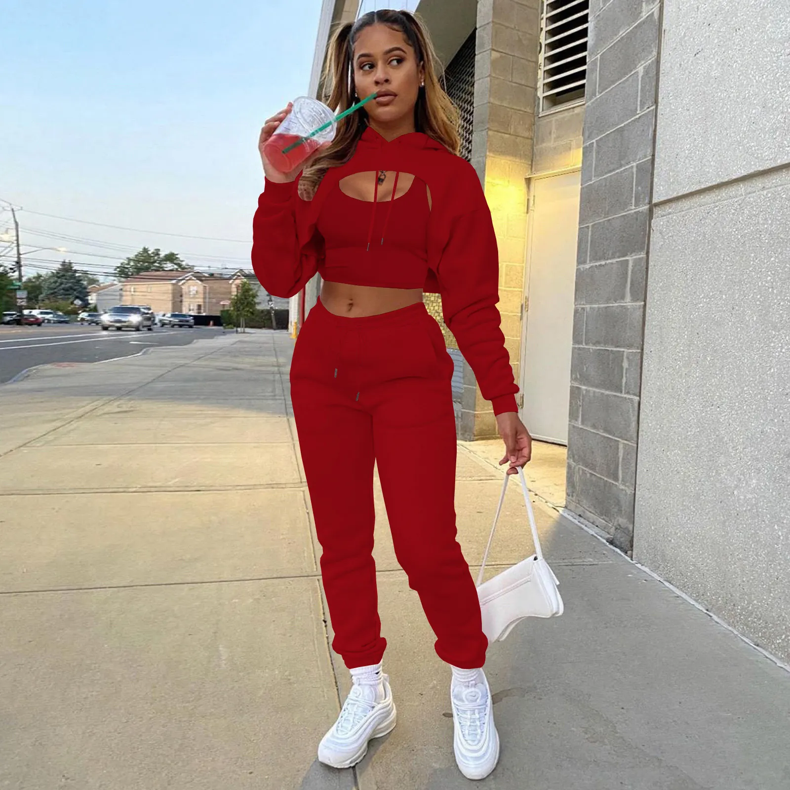 Womens Fashion Fleece Drawstring Solid Hoodies Long sleeve Pant Tank Top Three Piece