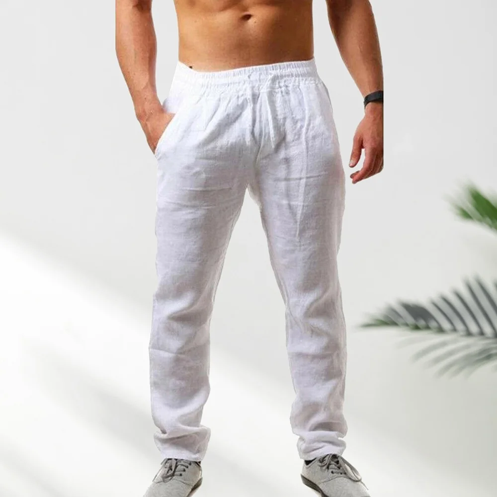 Smiledeer Men's Solid Color Comfortable Soft Cotton Linen Trousers