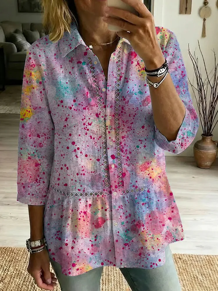 Women's Retro Art Print Casual Lapel Cotton Shirt