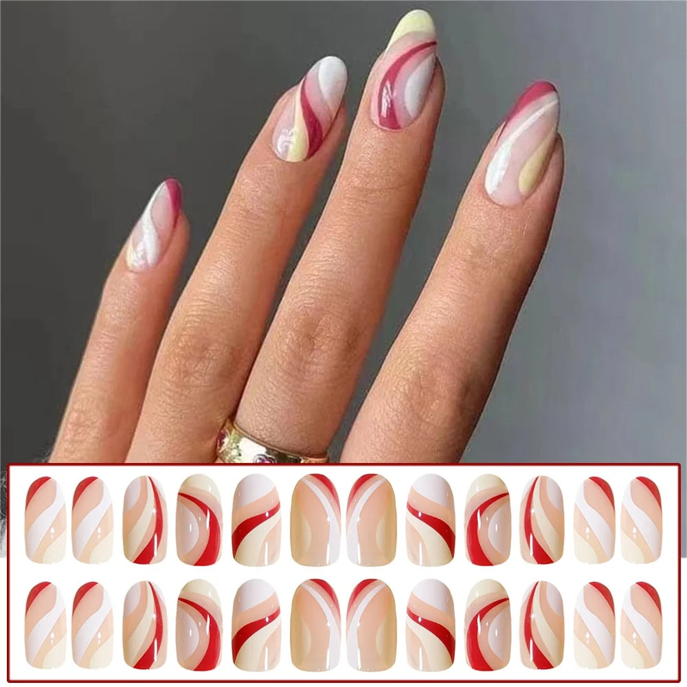 24pcs Point Head False Nails Tips Press On Nail with Heart Print Design Girl DIY Nail Patch Removable French Style Fake Nails-Nail Inspo