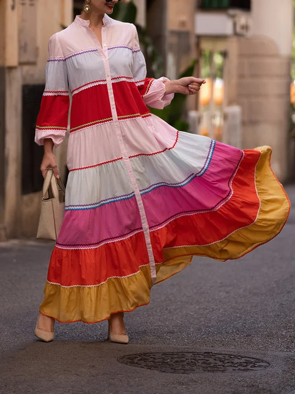 Contrast Color Split-Joint Puff Sleeves Round-neck Shirt Dress Maxi Dresses