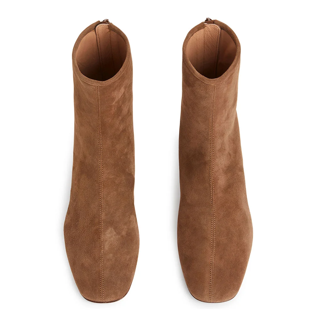 Brown Vegan Suede Square Toe Zipper Chunky Heel Short Boots for Women