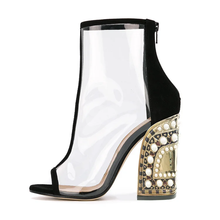Black Clear PVC Peep Toe Booties Decorated Pearl Ankle Booties |FSJ Shoes