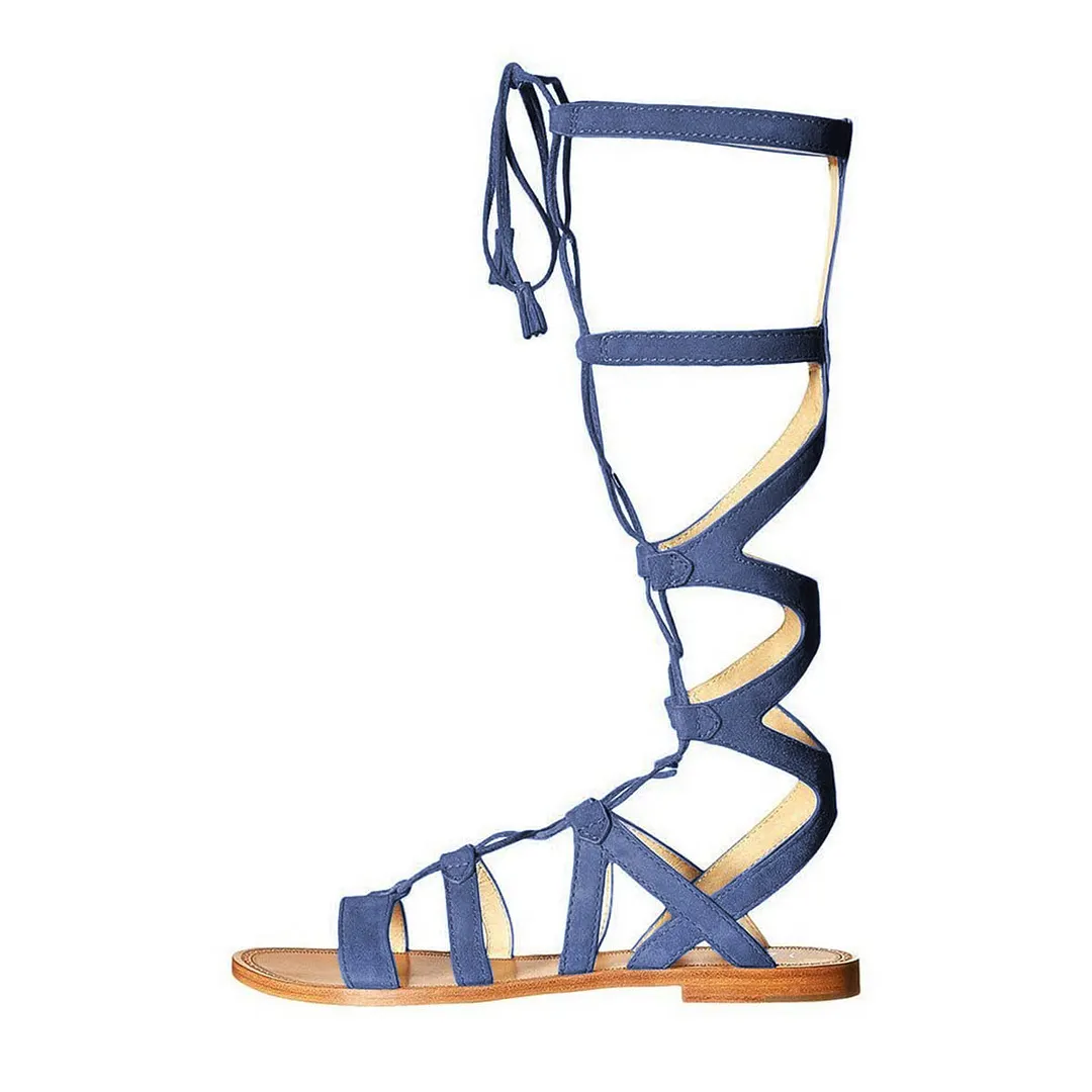 Lace Up Gladiator Knee High Flat Blue Cute Sandals with Tassel