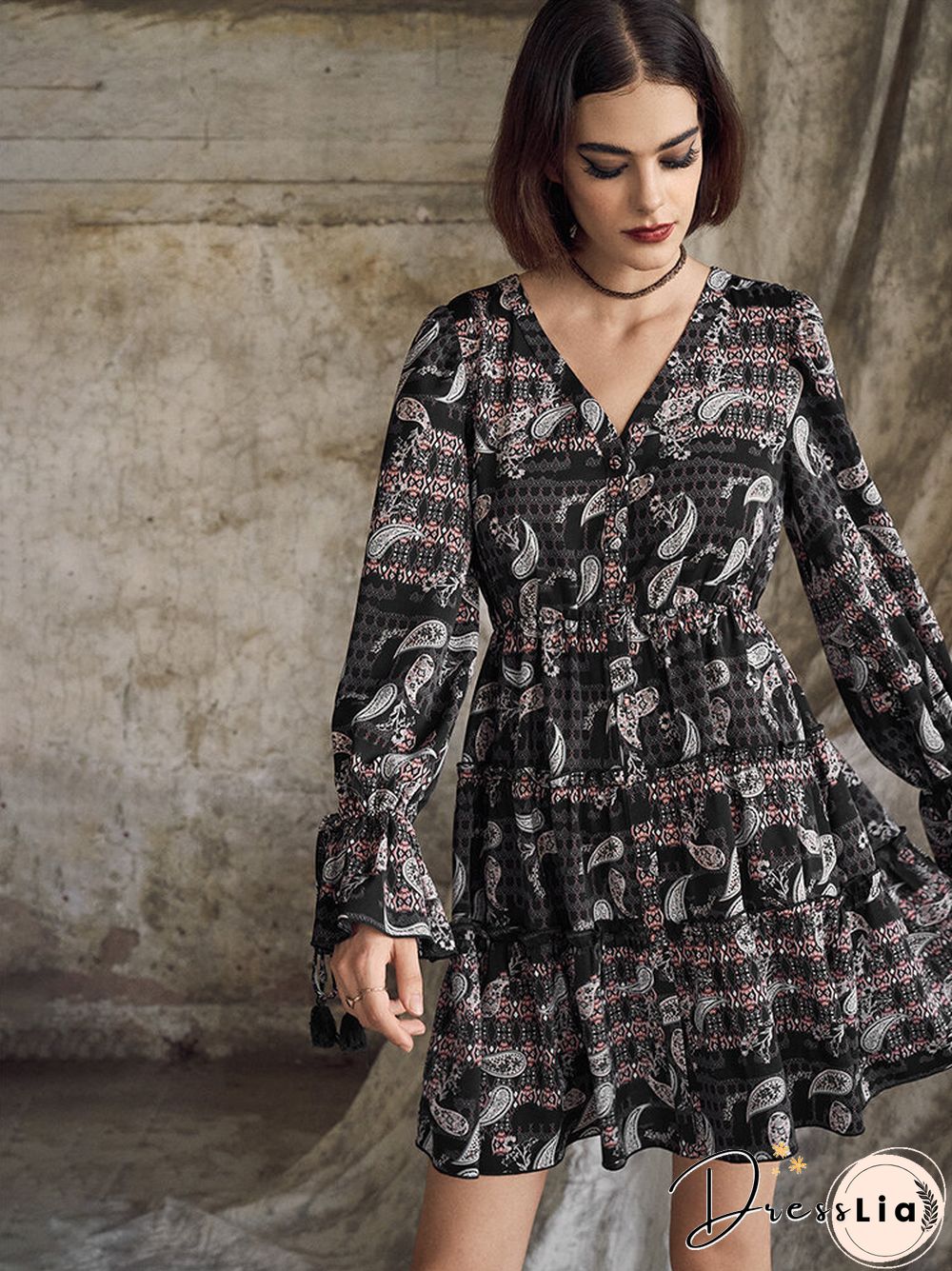 Random Vintage Paisley Print Long Sleeve Tie V-neck Dress