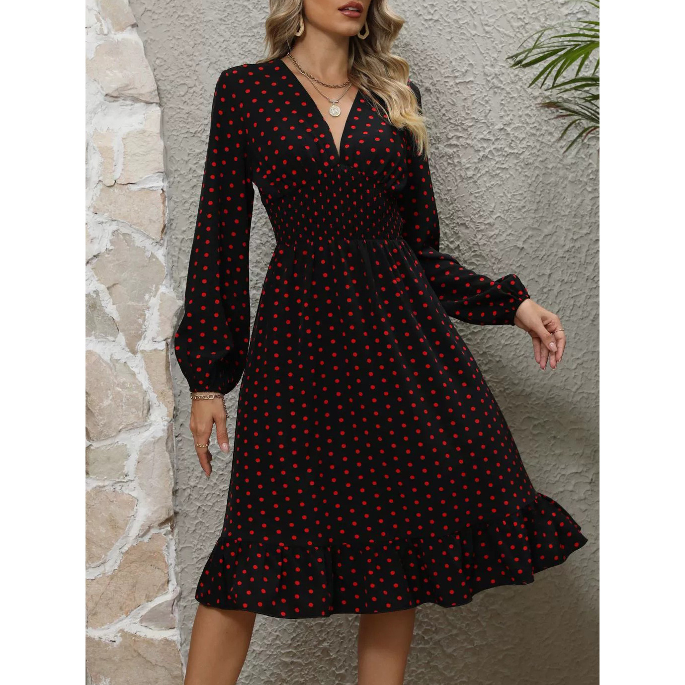 Mature Women Waist Slimming Polka Dot Long Sleeve Elegant Dress