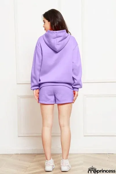 Drop Shoulder Long Sleeve Hoodie and Shorts Set