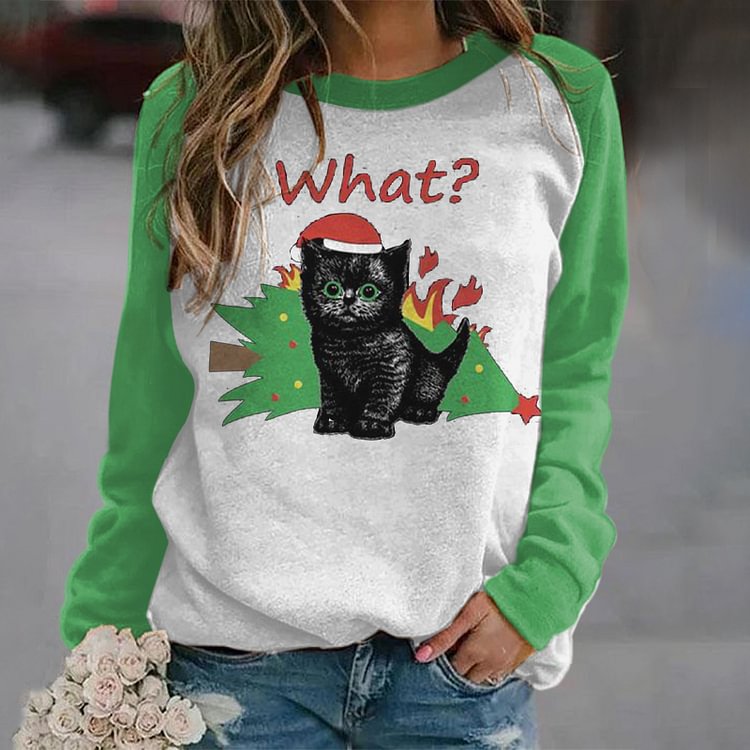 Vefave Casual Colorblock Cat Print Sweatshirt