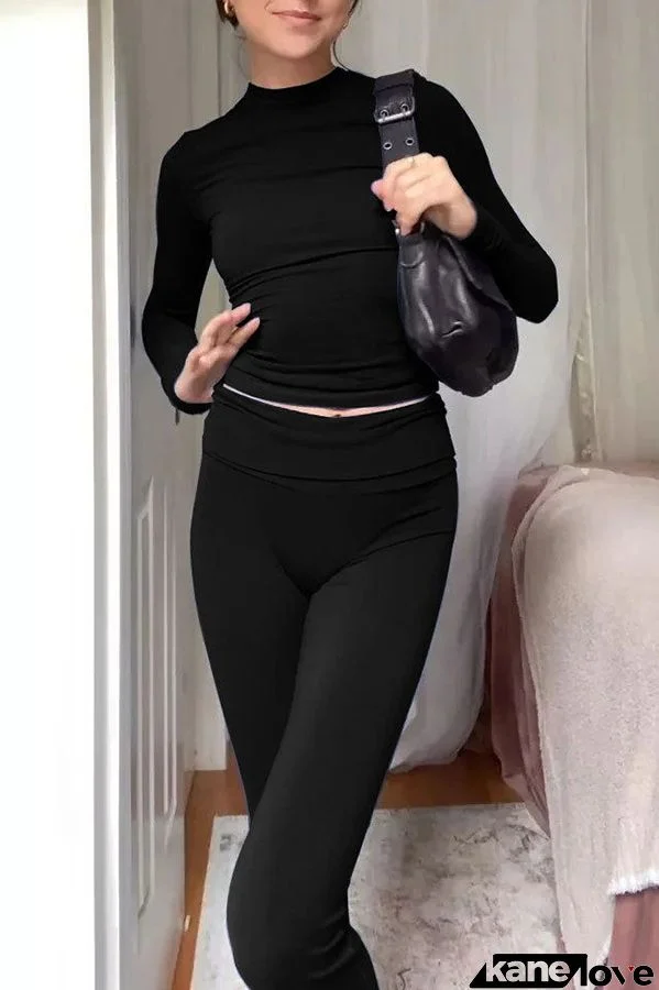 Solid Color Long Sleeved Pullover and Flared Pants Lounge Two Piece Set