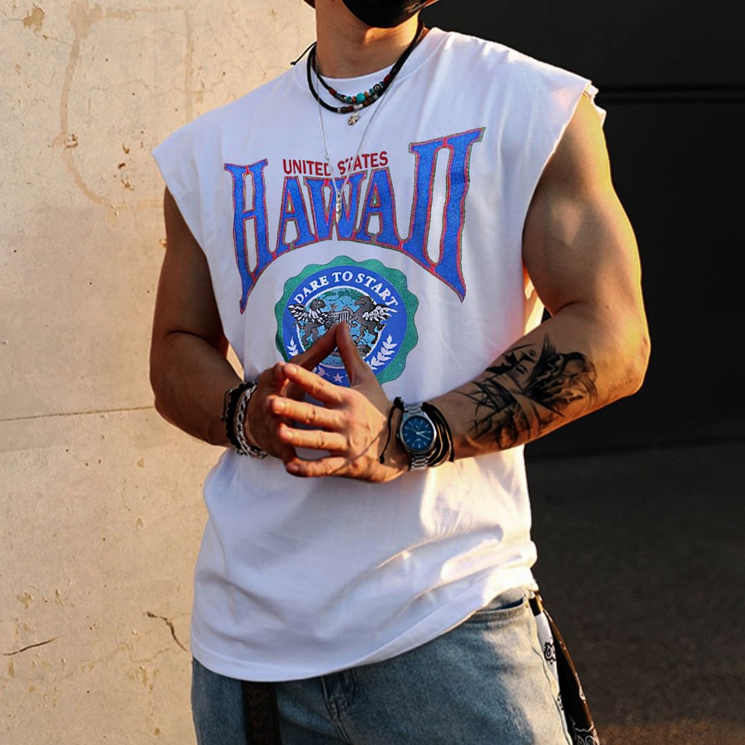 Retro Men's Hawaii Print Tank Top Oversized Sleeveless T-shirt、、URBENIE