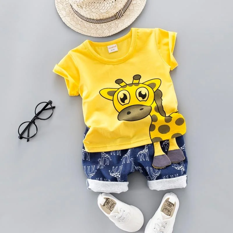 Baby Clothing Set for Boys Girls Cute Summer Casual Clothes Set Giraffe Top Blue Shorts Suits Kids Clothes 1-4 Years