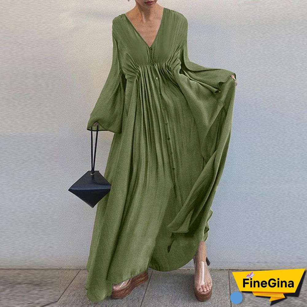 ZANZEA Women Summer V-Neck Long Sleeved Plus Size Casual Loose Long Dress Clubbing Dresses