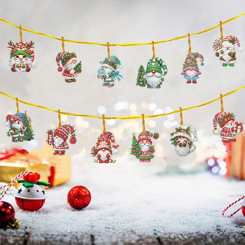 15pcs Xmas Gnome Theme 2D Flat DIY Hanging Diamond Art Kits Home Wall Decor