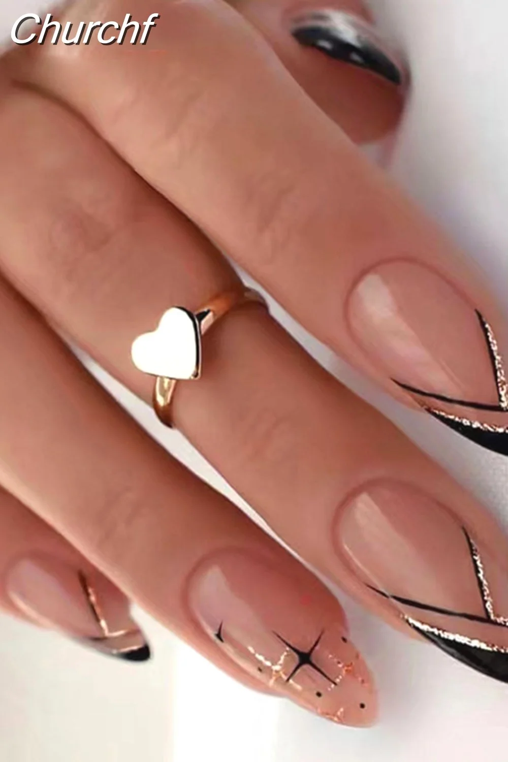 Churchf Short Almond Black Flower False Nail Finished Nail Patches French Stiletto Fake Nails Full Cover Nail Tips Press On Nail-Nail Inspo