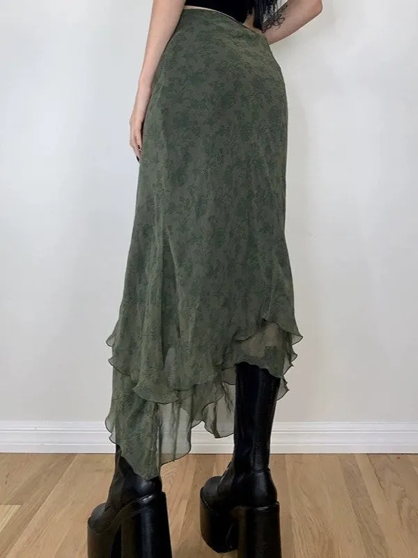Brownm vintage asymmetrical midi skirt with floral pattern and ruffles