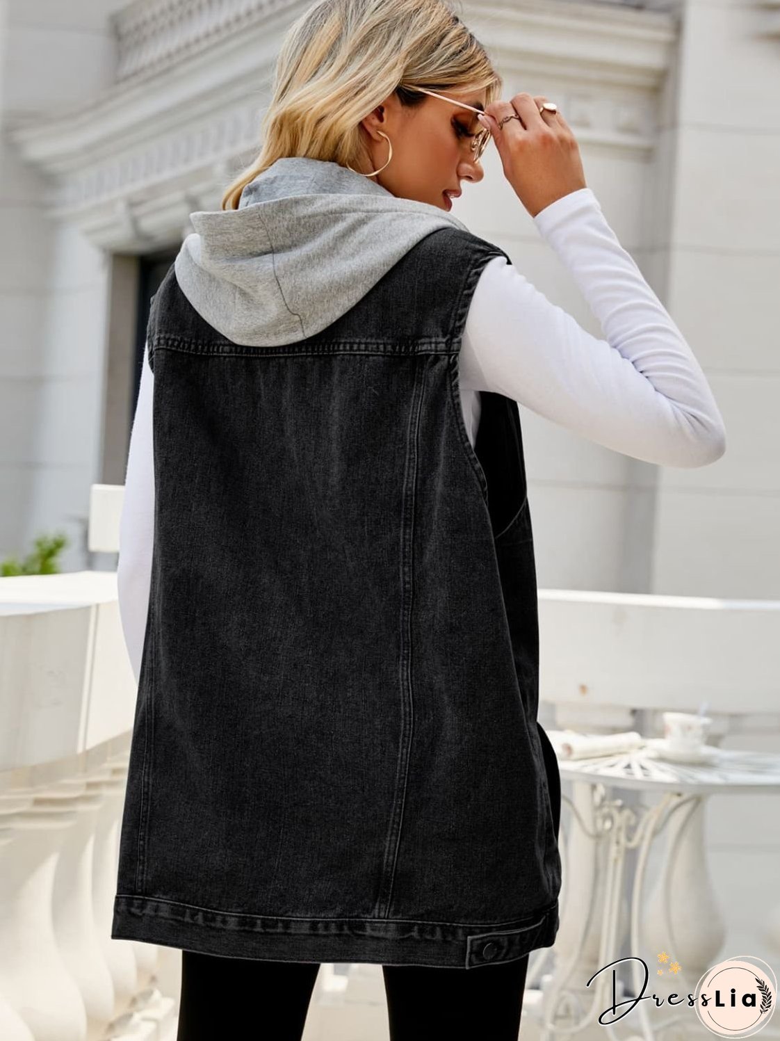 Drawstring Hooded Sleeveless Denim Top with Pockets