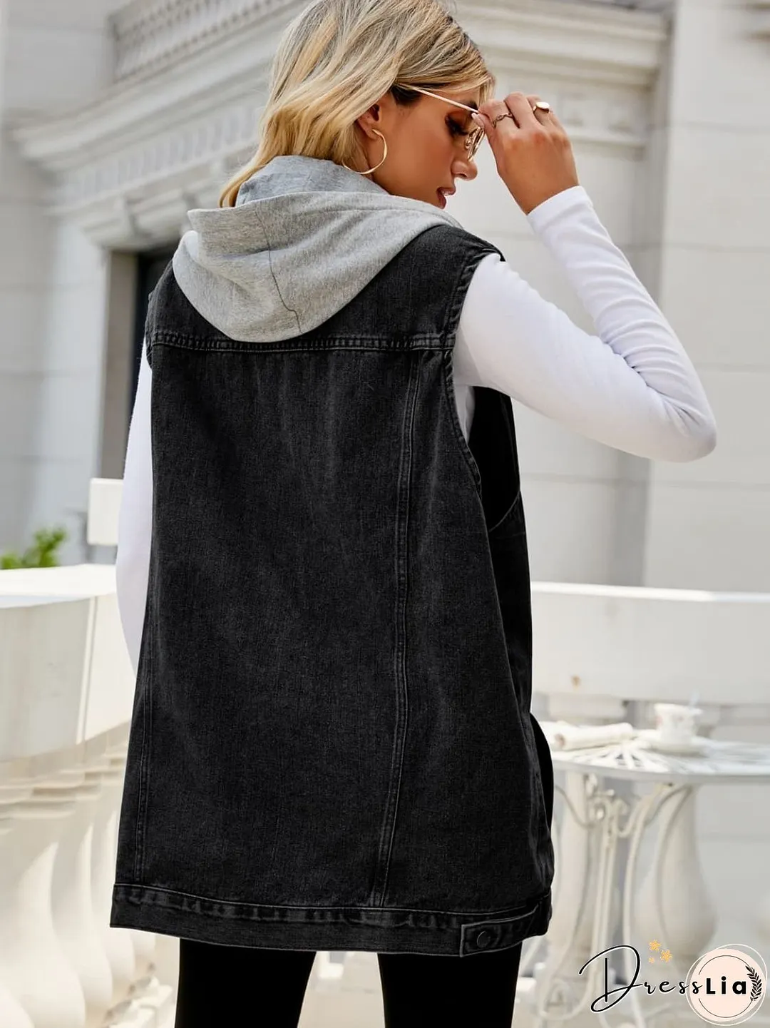 Drawstring Hooded Sleeveless Denim Top with Pockets