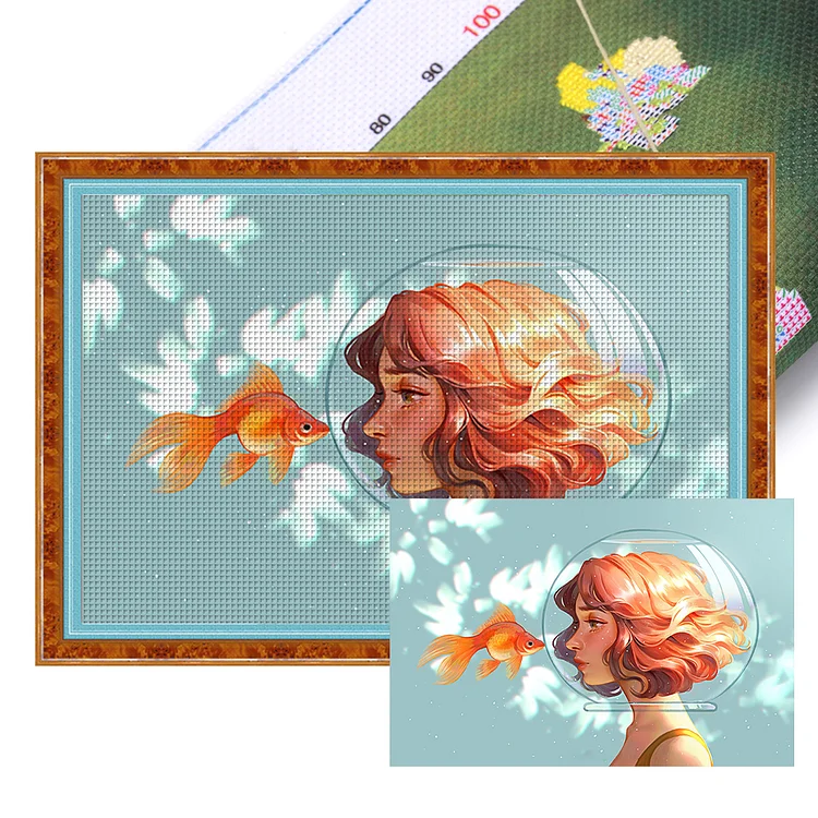 Girl And Goldfish 11CT Stamped Cross Stitch 70*50CM