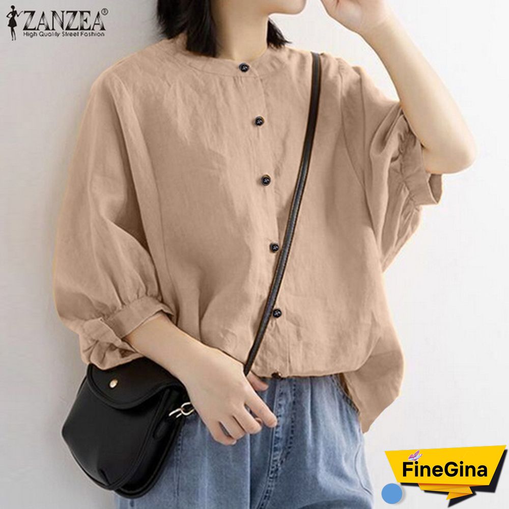 ZANZEA Cotton Tops Spring Autumn Shirt 3/4 Sleeve Single Breasted Button Shirt Blouse Vintage Clothes