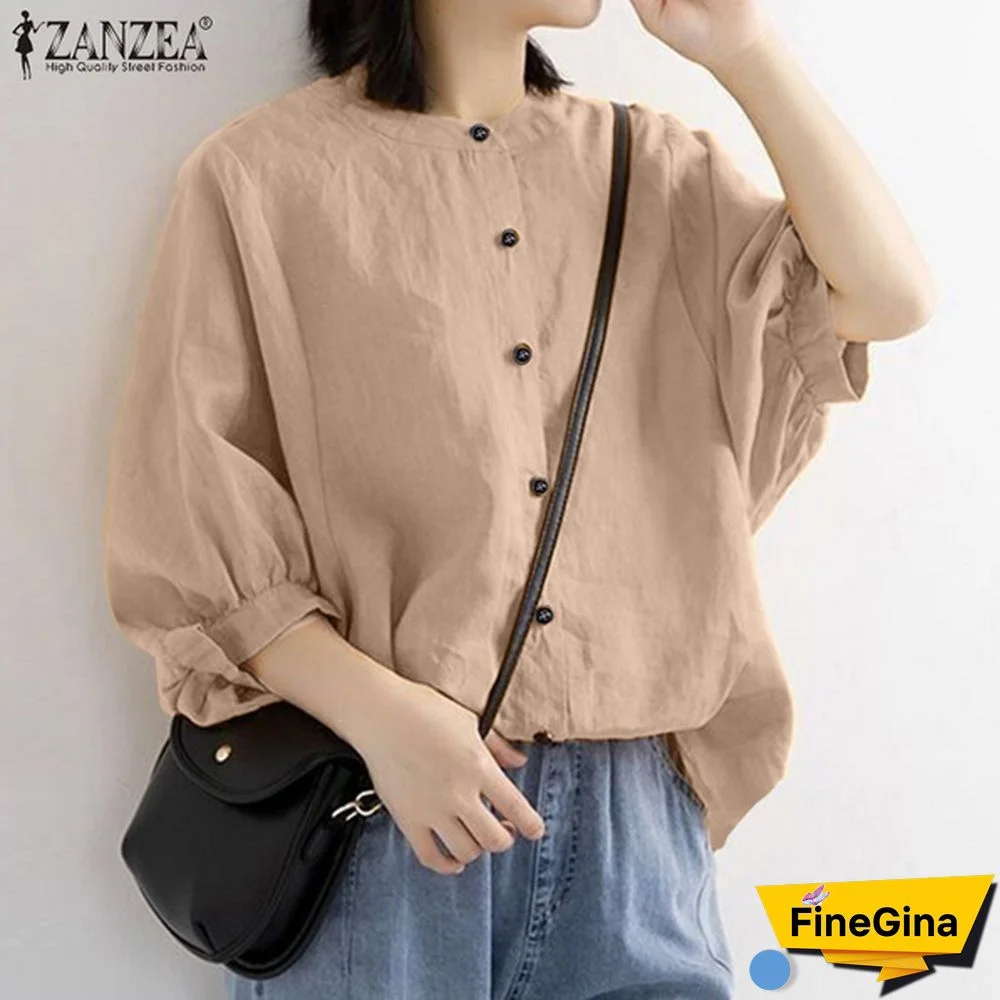 ZANZEA Cotton Tops Spring Autumn Shirt 3/4 Sleeve Single Breasted Button Shirt Blouse Vintage Clothes