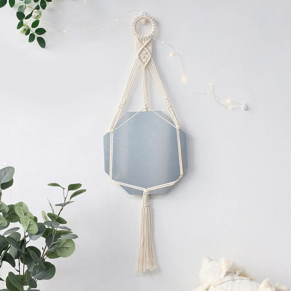 Round Macrame Decorative Wall Mirror for Boho Home Decor Makeup Aesthetic Living Room Bedroom Christmas Wedding Decoration Gift