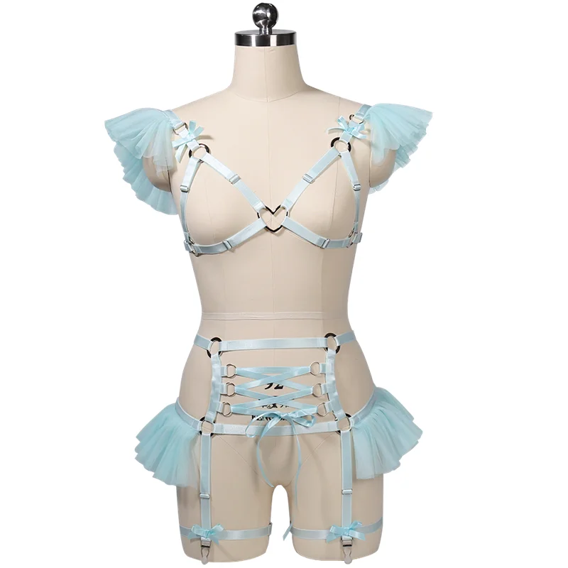 Billionm Sexy Lingerie Body Cage Pastel Punk Harness Belt Woman Pink Bow Chiffon Bra Kawaii Open Bust Top Bondage Ruffle Tutu Garter 2022