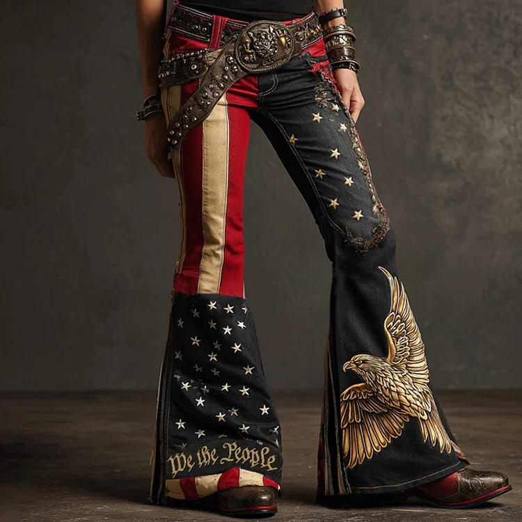 VChics Vintage Independence Day We The People And Eagle Patchwork Art Design Jeans