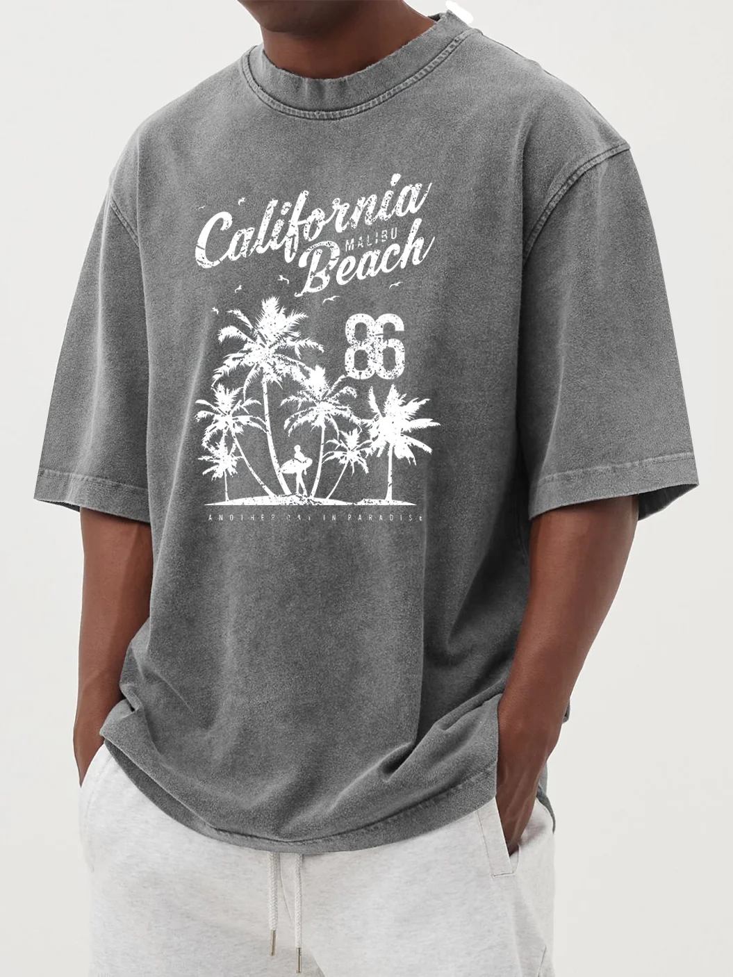 Men's Hawaiian Print 100% Cotton Washed Distressed Short-sleeved T-shirt