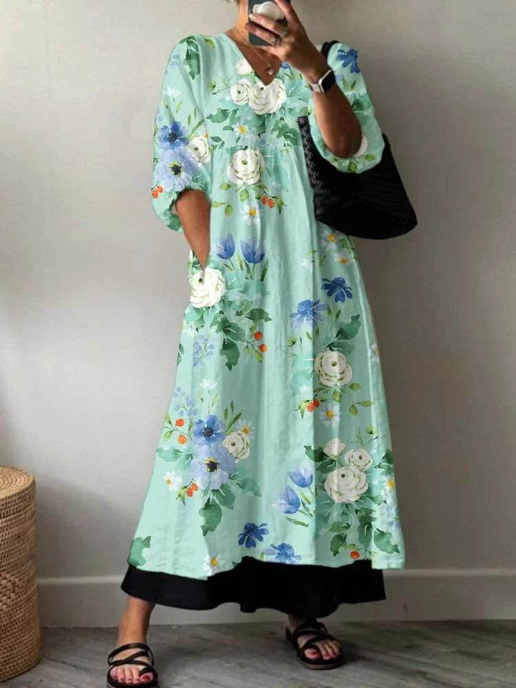 Womens Artistic Rose  Holiday Floral Pattern Cotton Dress