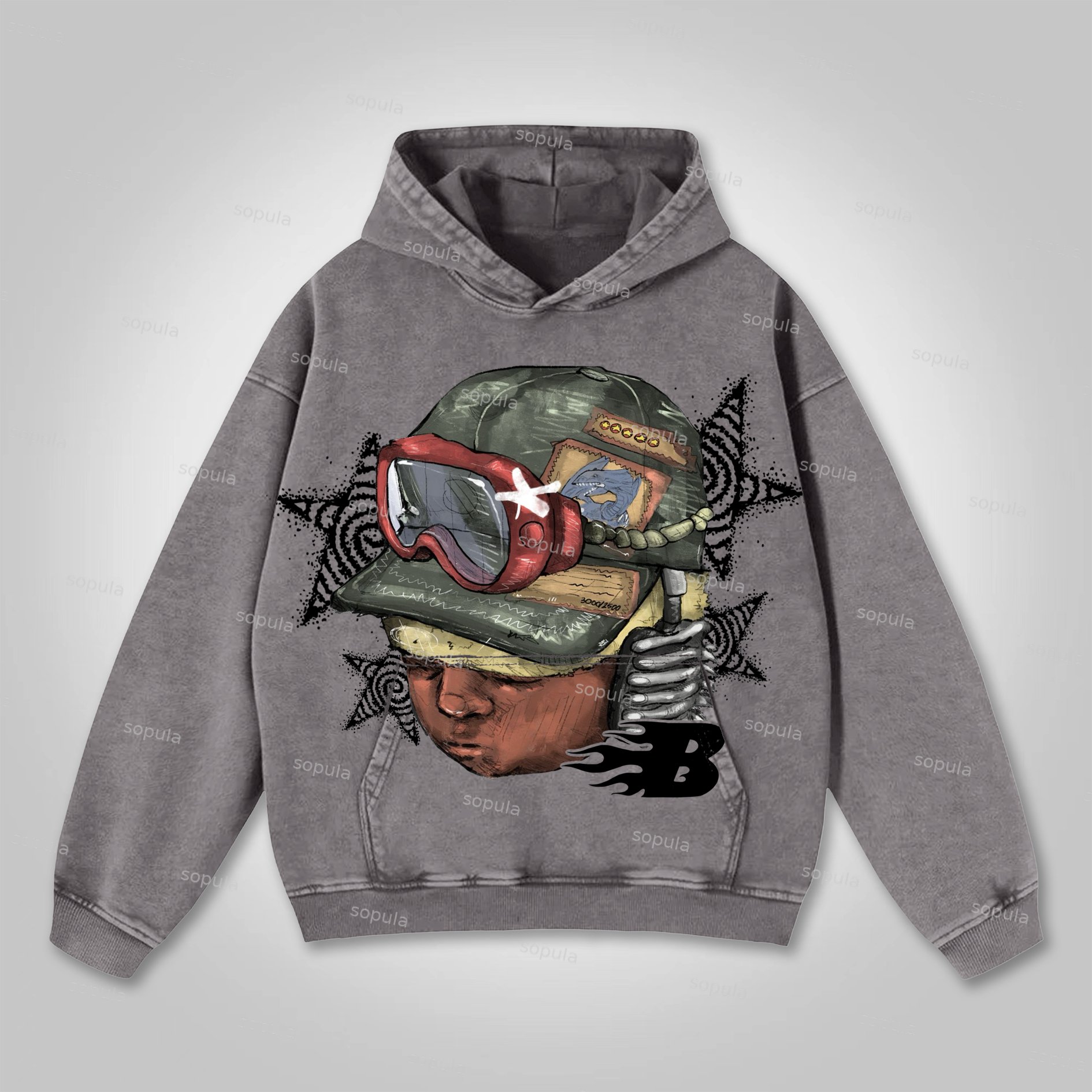Sopula Flame Letter Boy Print Graphic Washed Hoodie - Sopula｜Premium Graphic Tees & Graphic Clothing