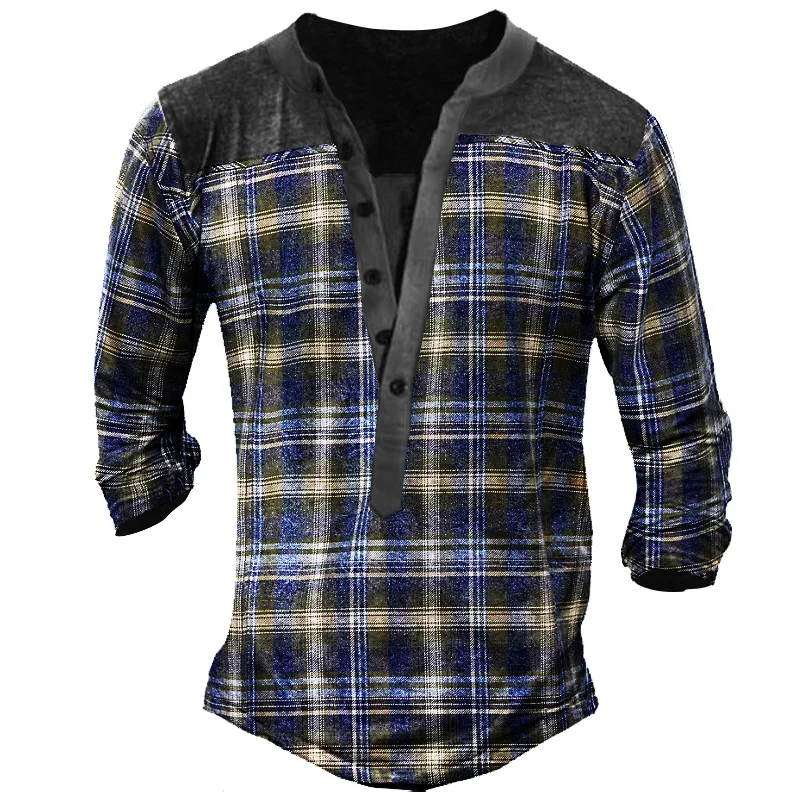 Retro Plaid Men's Outdoor Tactics Henley Button Long Sleeve Shirt / [viawink] /