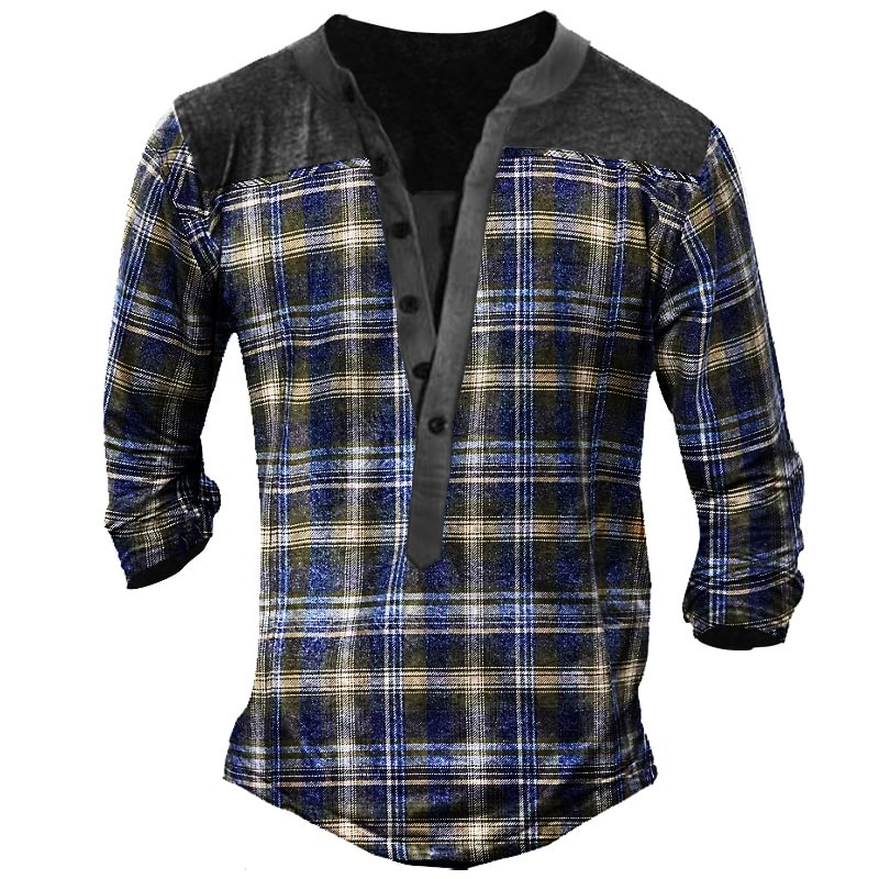 Retro Plaid Men's Outdoor Tactics Henley Button Long Sleeve Shirt / [viawink] /