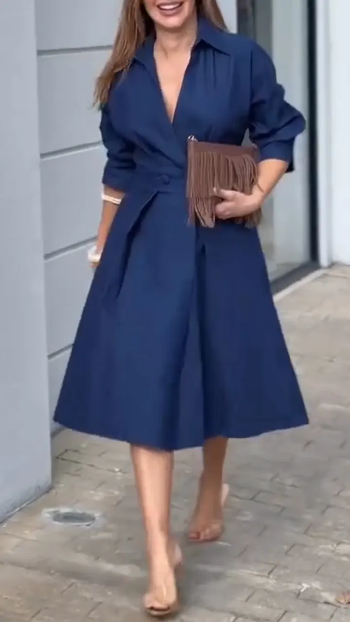 Women Laple Collar and Waist Cinched Solid Color Elegant Temperament Dress