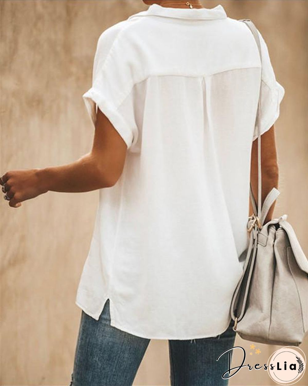 Stand Collar Short Sleeve Solid Color Women Casual Tops