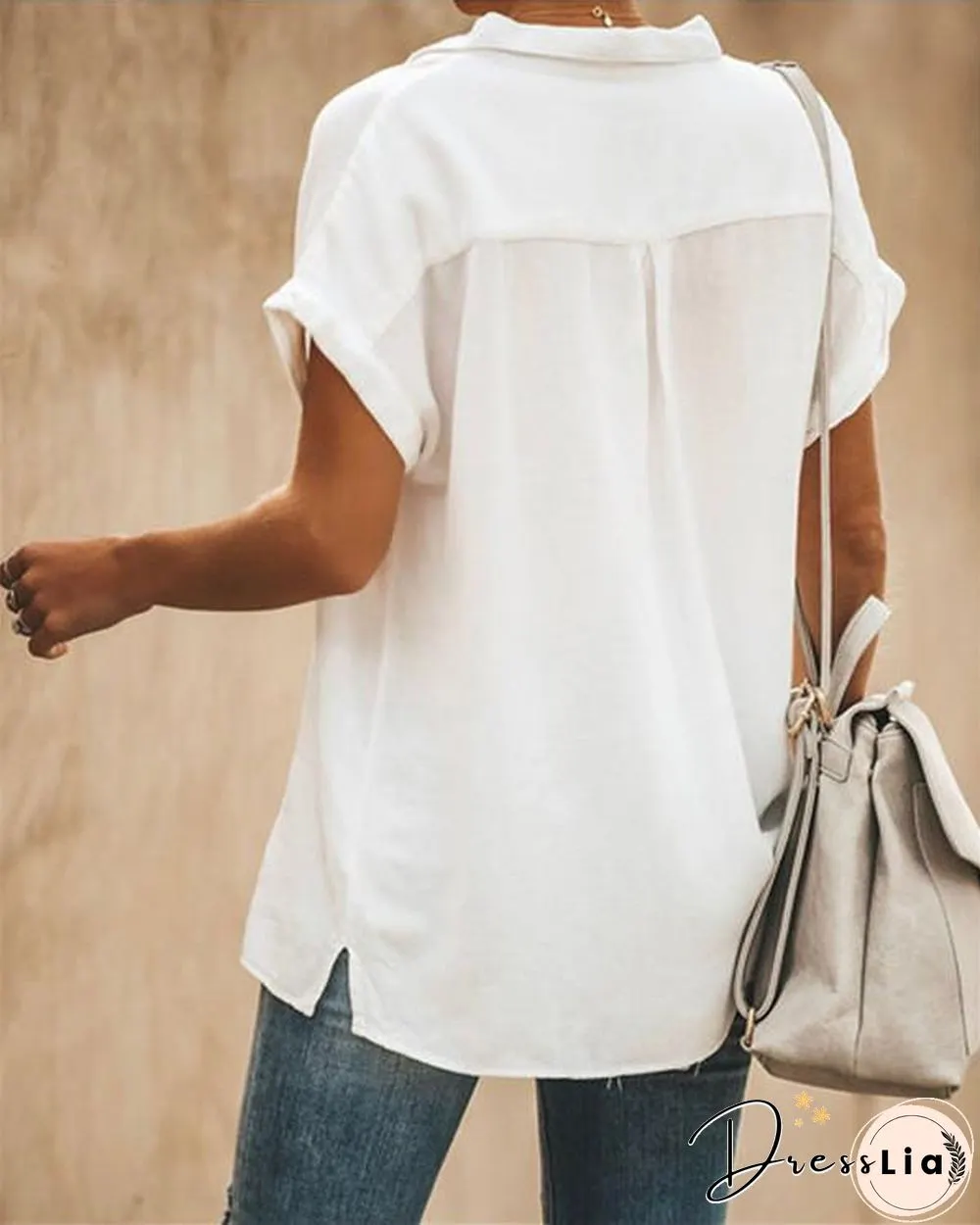 Stand Collar Short Sleeve Solid Color Women Casual Tops