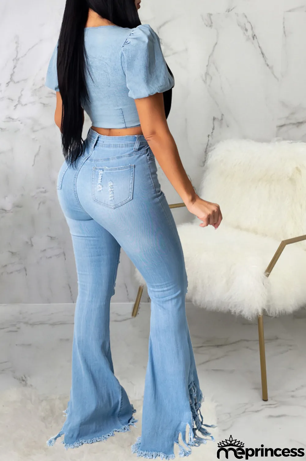Light Blue Denim Zipper Fly High Hole washing Boot Cut Pants Bottoms
