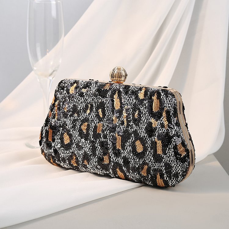 Embroidered sequined leopard evening bag